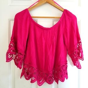 Pink Crochet Off Shoulder Lace Hem Blouse
